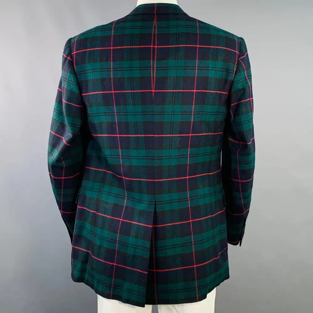 Size 44 Long Green Black Red Plaid Wool Peak Lapel Sport Coat